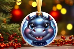Shiny Christmas Hippo Round Ornament Sublimation PNG Product Image 3
