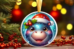 Shiny Christmas Hippo Round Ornament Sublimation PNG Product Image 3