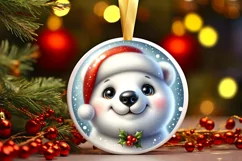 Shiny Christmas Polar Bear Round Ornament Sublimation PNG Product Image 1