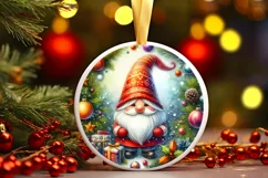 Watercolor Christmas Gnome Round Sticker Ornament PNG Product Image 1