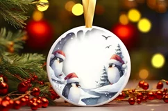 Watercolor Winter Penguin Scene Round Sticker PNG Product Image 3