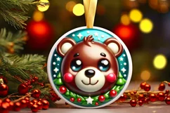 Christmas Bear Round Ornament Sublimation PNG Product Image 1