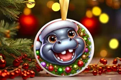Christmas Hippo Round Ornament Sublimation PNG Product Image 3
