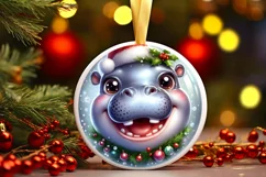 Christmas Hippo Round Ornament Sublimation PNG Product Image 3