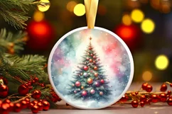 Watercolor Christmas Tree Round Ornament Sublimation PNG Product Image 1