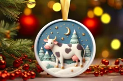 Colorful Christmas Scene with Cow Round Ornament Sublimation Product Image 3