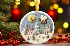 Colorful Christmas Scene with Bee Round Ornament Sublimation Product Image 3