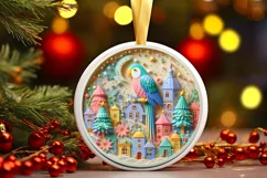 Colorful Christmas Scene with Parrot Round Ornament Product Image 3