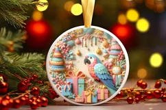 Colorful Christmas Scene with Parrot Round Ornament Product Image 1
