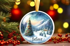 Believe Watercolor Christmas Scene Round Ornament With Text Product Image 2
