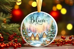 Watercolor Christmas Round Ornament Houses Believe Product Image 1