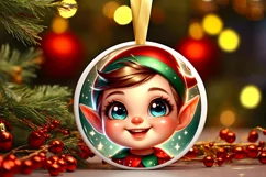Shiny Christmas Elf Round Ornament Sublimation PNG Product Image 3