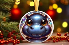 Hippo with big eyes Round Christmas Ornament Sublimation PNG Product Image 3