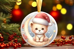Baby Lion with Santa Hat on Moon Round Christmas Ornament Product Image 3