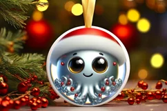 Shiny Christmas Octopus Round Ornament Sublimation PNG Product Image 3