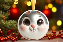 Shiny Christmas Bunny Round Ornament Sublimation PNG Product Image 3