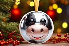 Cow with Metal Look Christmas Round Ornament Sublimation PNG Product Image 3