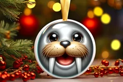 Christmas Walrus Round Sticker Sublimation PNG Product Image 1