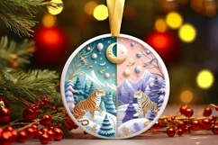 Colorful Winter Scene Tiger Round Sticker Ornament Product Image 3