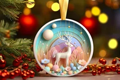 Colorful Winter Scene Deer Round Sticker Ornament Product Image 1