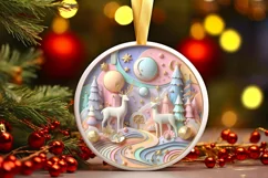 Colorful Winter Scene Deer Round Sticker Ornament Product Image 1