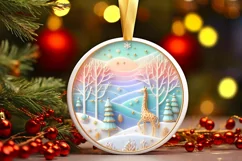 Colorful Winter Scene Giraffe Round Sticker Ornament Product Image 2