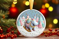 Colorful Christmass Scene Hippo Round Sticker Ornament Product Image 2