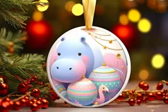 Colorful Christmass Scene Hippo Round Sticker Ornament Product Image 3