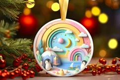 Colorful Christmass Scene Penguin Round Sticker Ornament Product Image 3