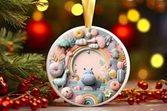Colorful Winter Scene Hippo Round Sticker Ornament Product Image 1