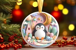 Colorful Winter Scene Penguin Round Sticker Ornament Product Image 3