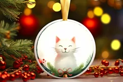 Winter Cat Watercolor Round Ornament Sublimation PNG Product Image 3