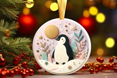 Colorful Penguin Christmas Scene Round Ornament Sublimation Product Image 3