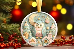 Colorful Owl Christmas Scene Round Ornament Sublimation PNG Product Image 3