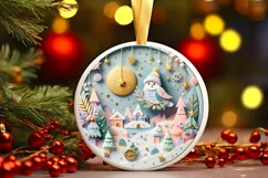Colorful Owl Christmas Scene Round Ornament Sublimation PNG Product Image 3