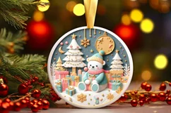 Colorful Bear Christmas Scene Round Ornament Sublimation PNG Product Image 3