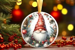 Watercolor Christmas Gnome Round Ornament Sublimation PNG Product Image 1