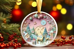 Colorful Deer Christmas Scene Round Ornament Sublimation PNG Product Image 3