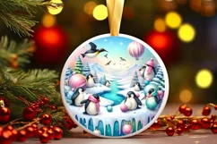 Round Winter Scene with Penguins Melting Edges PNG Product Image 1