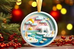 Colorful Polar Bear Winter Scene Round Ornament Sublimation Product Image 1