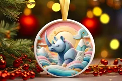 Colorful Rhino Winter Scene Round Ornament Sublimation PNG Product Image 2