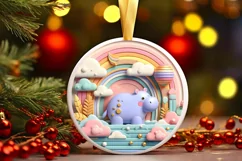 Colorful Hippo Winter Scene Round Ornament Sublimation PNG Product Image 2