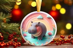Colorful Hippo Winter Scene Round Ornament Sublimation PNG Product Image 1