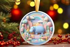 Colorful Hippo Winter Scene Round Ornament Sublimation PNG Product Image 1