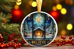 Believe Stained Glass Christmas Round Ornament Product Image 2