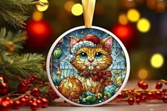 Stained Glass Christmas Cat Round Ornament Sublimation Product Image 1
