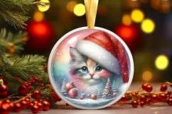 Colorful Winter Kitten Portrait Santa Hat Round Ornament Product Image 3