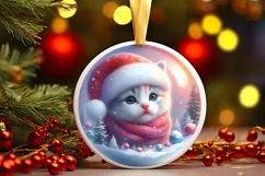 Colorful Winter Kitten Portrait Santa Hat Round Ornament Product Image 1