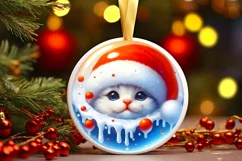 Winter Kitten Portrait Santa Hat Round Ornament Sublimation Product Image 3