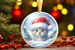Winter Kitten Portrait Santa Hat Round Ornament Sublimation Product Image 3